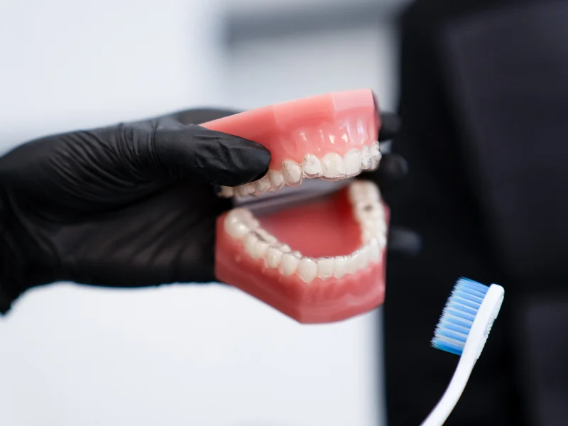 modellino di una dentatura con uno spazzolino da denti